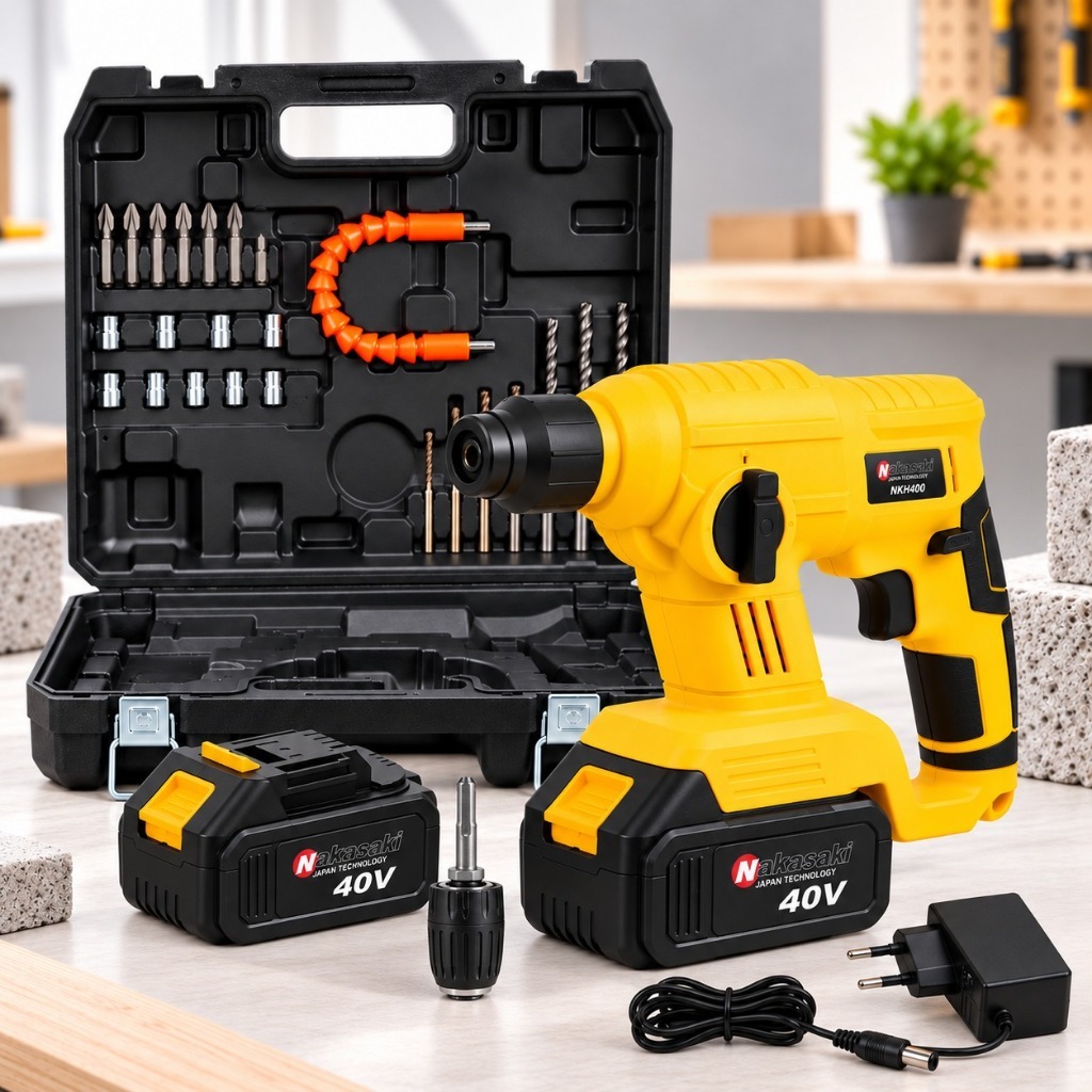 Martelete Furadeira de Impacto Rompedor Nakasaki Profissional 40V com 2 Baterias e Maleta