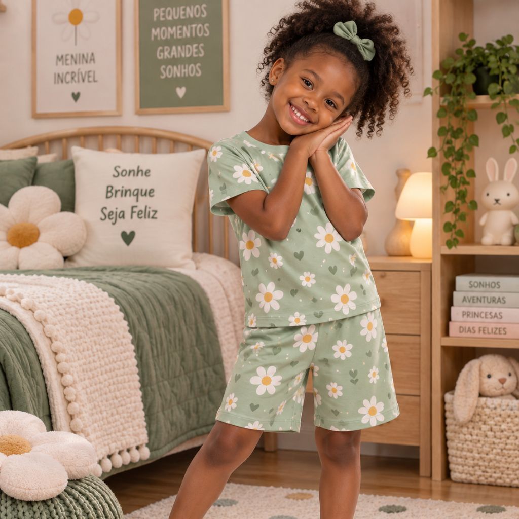 Pijama Suede Infantil Menina Short e Blusa Estampado Confortável Macio Pijama de Dormir Infantil Feminino BabyDoll