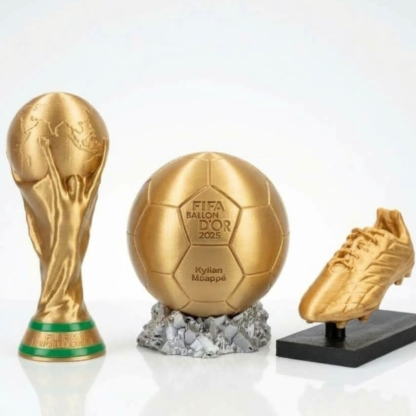 KIT TROFEU FUTEBOL: BOLA DE OURO + CHUTEIRA + TAÇA DA COPA 2026 | DECORAÇÃO MENINO JOGOS
