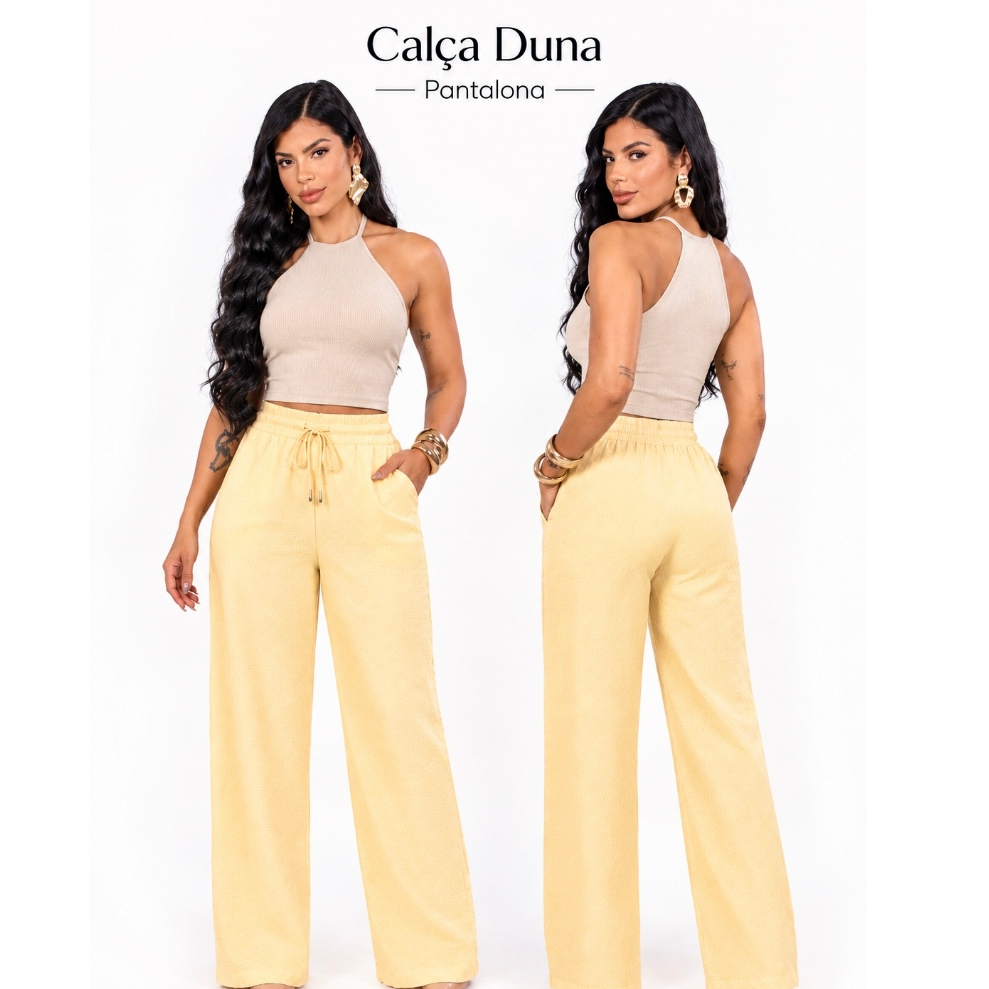 Calça Feminina Elegante Pantalona Com Bolso Dunas Tendencia Verão Cintura Alta Feminina