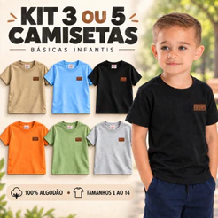 Kit 3 ou 5 Camisetas Básicas Infantil Menino Monocromático Liso Premium Verão Sortido Tam 1 Ao 14
