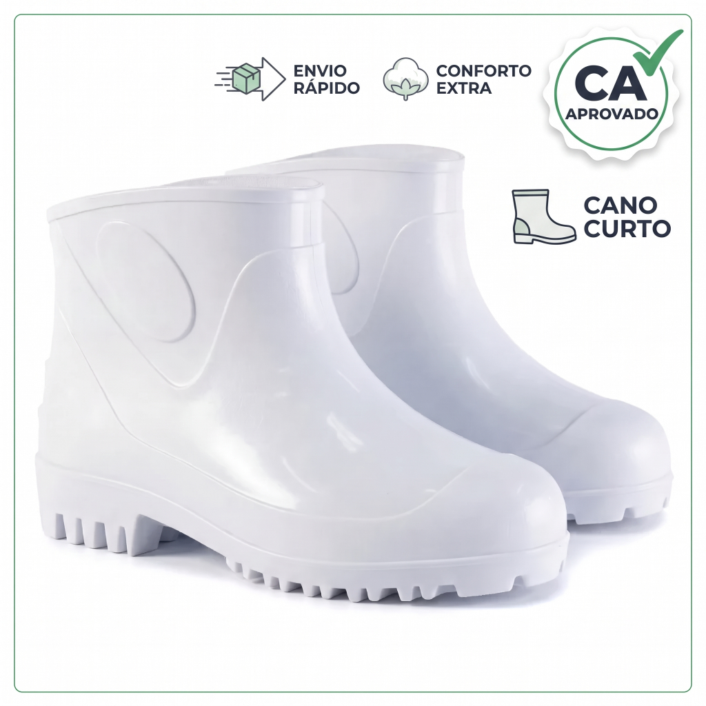 Bota PVC Impermeável Cano Curto Branca Antiderrapante EPI Chuva Limpeza Trabalho Motoboy