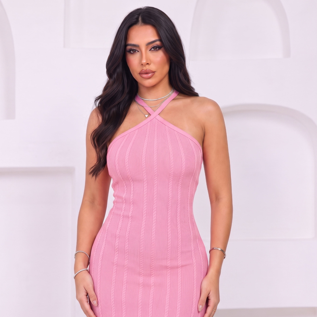 Vestido Longo Feminino Justo Modela Corpo Canelado Alça Cruzada Costas Abertas Fenda Tubinho Elegante — imagem 2 de 2