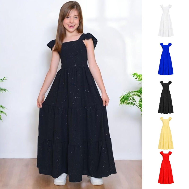 Vestido Longo Juvenil Feminino em Tecido Duna com Brilhos para Festa Casamento Aniversário Formatura Meninas Elegante