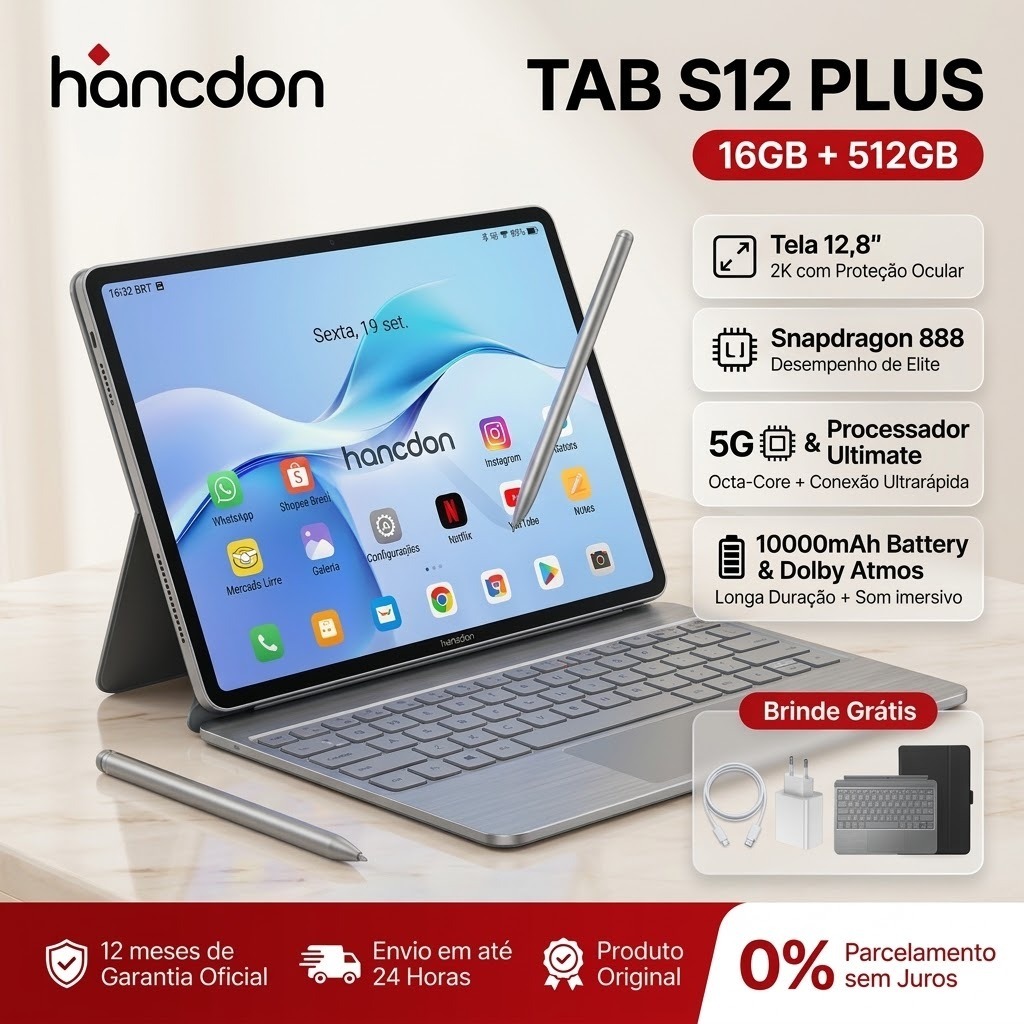 Tablet Hancdon S12 Plus 12.8" Tela FHD [16+512GB] | Bateria 10000mAh | WiFi/5G LTE Android 15