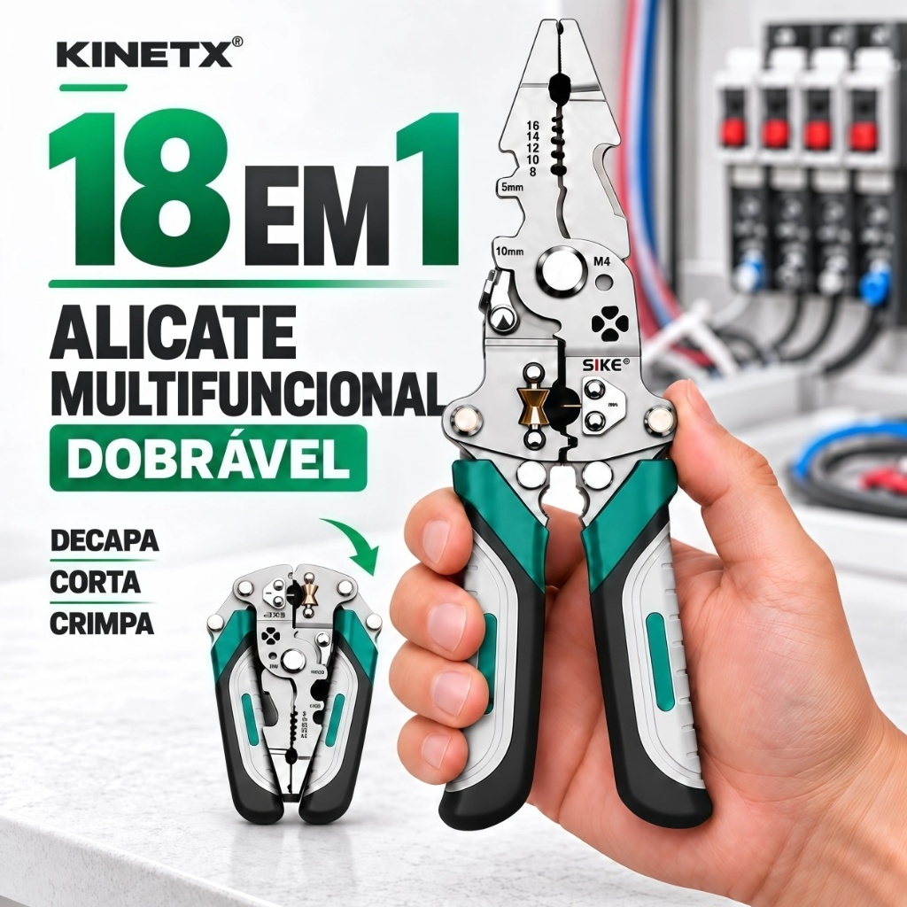 Alicate Multifuncional 18 em 1 FOLRA - Decapador Crimpador E Cortador De Fios Dobrável Para Eletricista