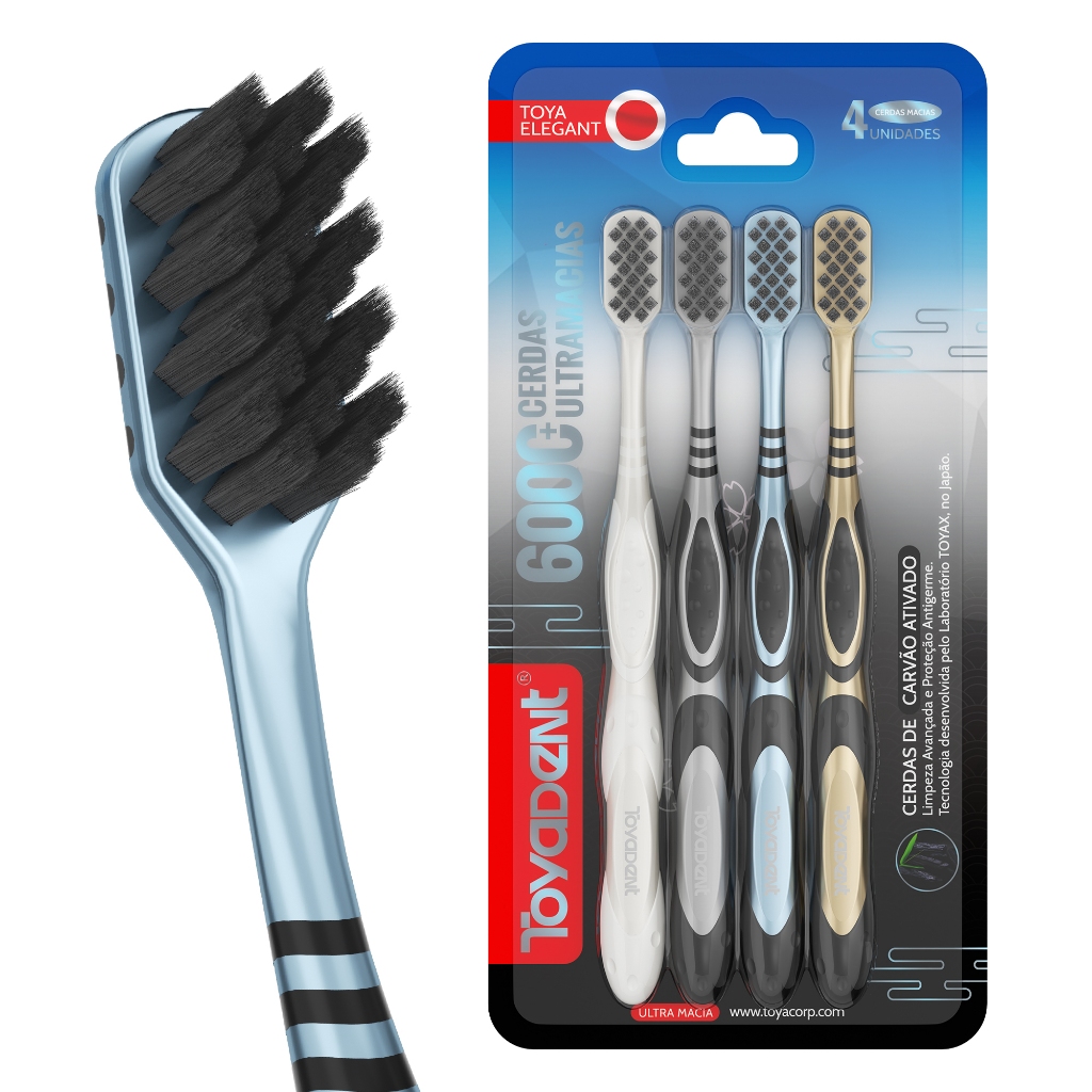 TOYADENT Escova com Carvão Ativado, 6000+ Cerdas Ultramacias 0,12mm, Antiderrapante, 4 Cores