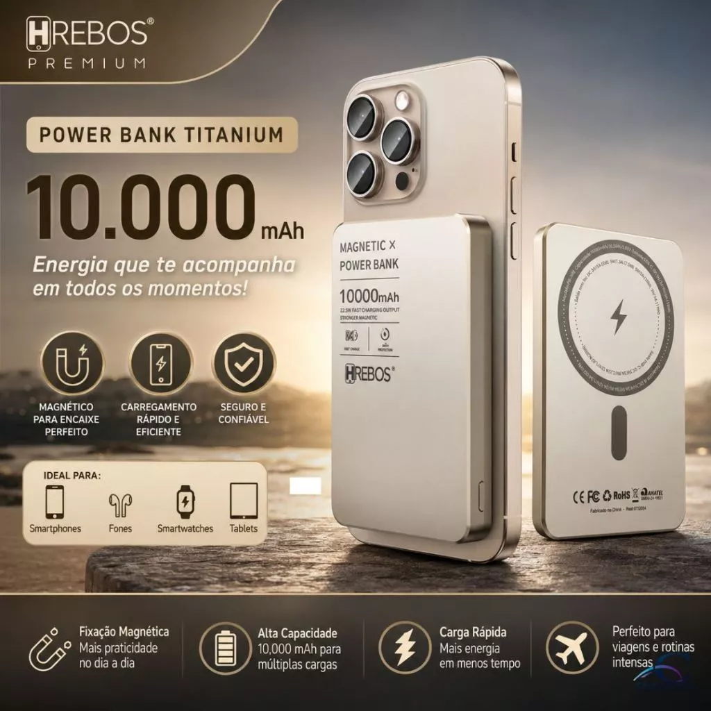 Hrebos Power Bank 10000mah Carregador Titanium Carregamento rápido via portas USB e Tipo-C com Compacto Leve 22.5w