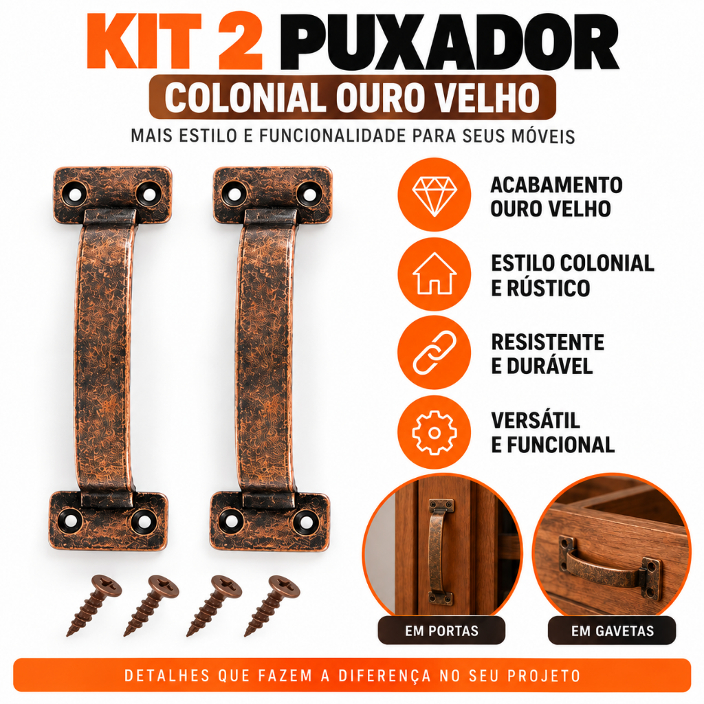 Kit 2 Puxador Alça Colonial Ouro Velho Móveis Bandeja Tábua