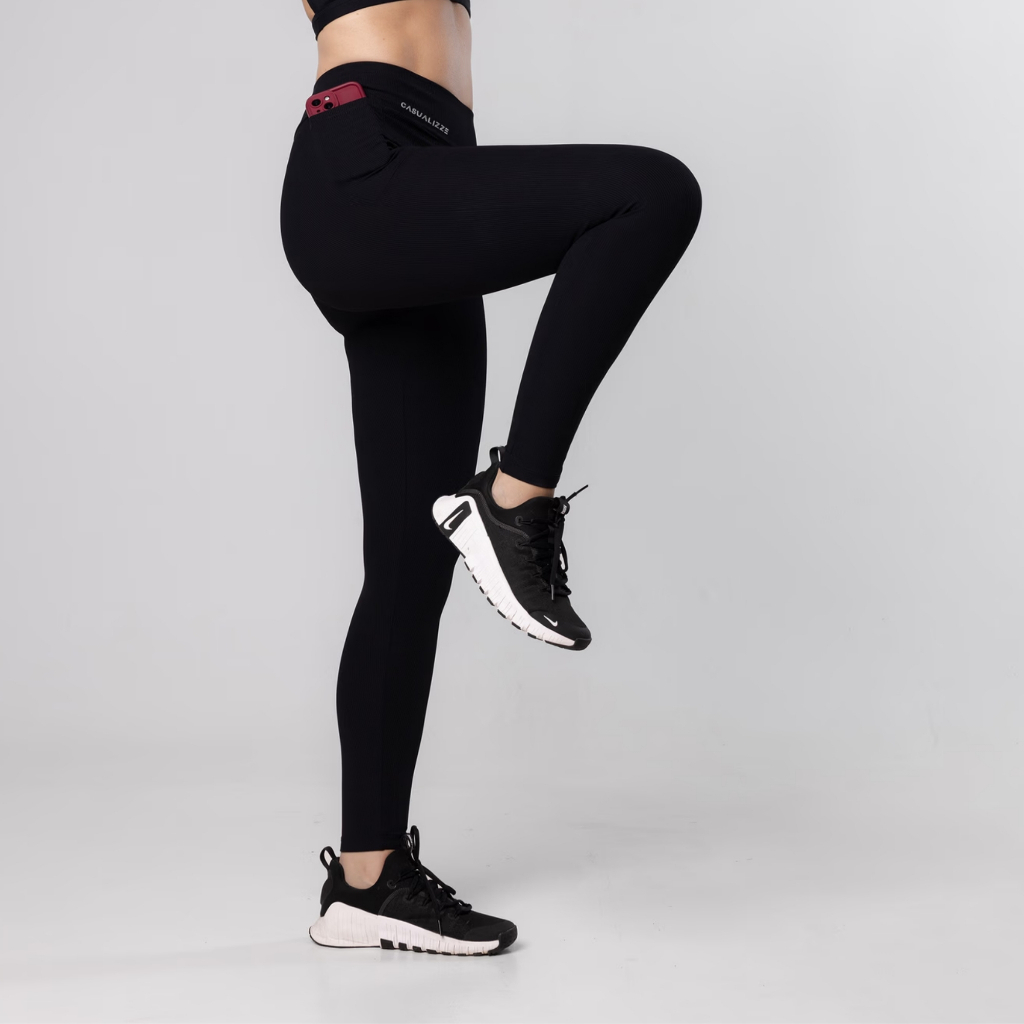 Legging Fitness com Bolsos Feminina Academia Poliamida Canelado Cintura Alta Conforto Calça Treino Leg Calca