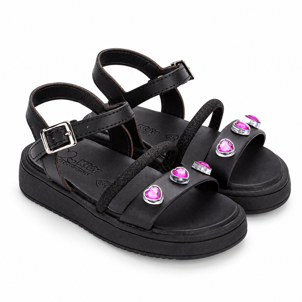 Sandália Infantil Menina Kidy Flat Form Com Brinquedo Preto Delicado Confortável