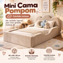 Mini Cama Pompom Montessoriana Nuvem Infantil Menina Menino Estofada Capas Removíveis Com Colchão Bege Rosa Azul - AV