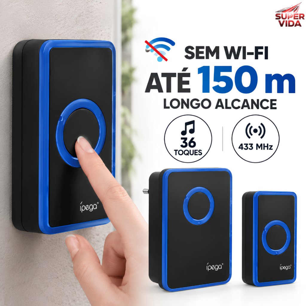 Campainha Sem Fio para Casa 150 Metros 36 Toques Receptor Bivolt com Bateria 12V