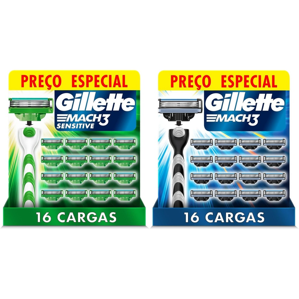 Carga para Gillette Mach3 16 Unidades Sensitive ou Regular Original Refil Aparelho Barbear Mach 3 Gilete Gillete Gilette