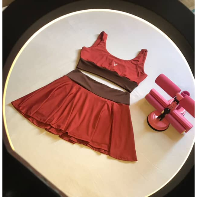 Conjunto Feminino Academia Top + Short Saia Com Short Por Baixo Bolso Terracota Marrom OrvallangerFitness