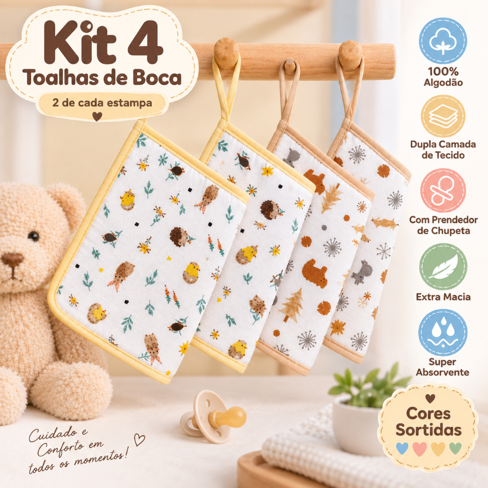 Kit 4 Toalha Paninho fralda de Boca Bebe Soft 100% Algodão Enxoval Com Prendedor Chupeta