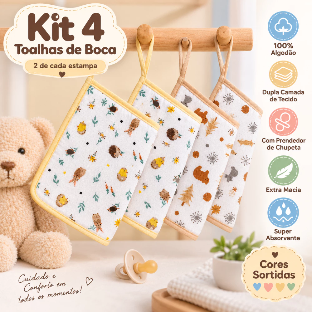 Kit 4 Toalha Paninho fralda de Boca Bebe Soft 100% Algodão Enxoval Com Prendedor Chupeta