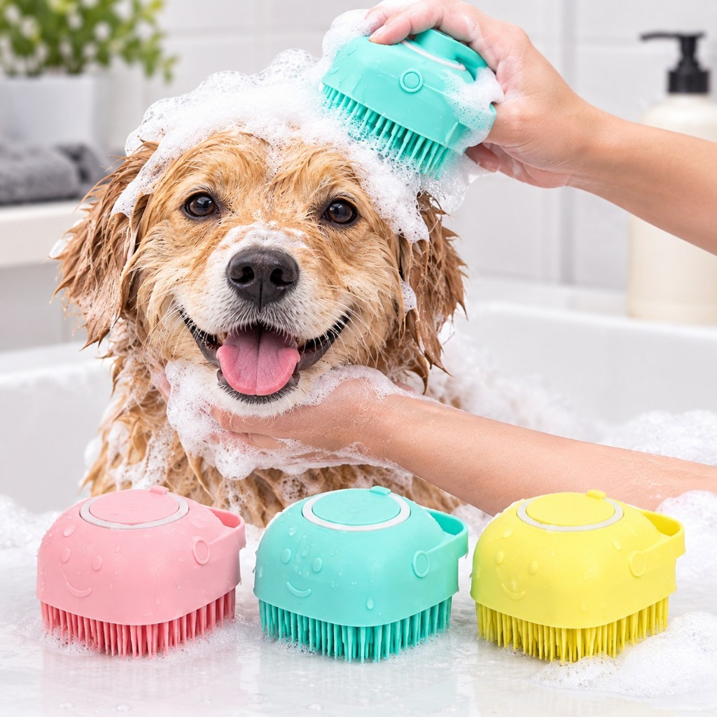 Lava Pelo Pet Escova Banho Cachorro Gato Dispenser Shampoo Silicone Macio Sabonete Liquido Massageador Relaxante