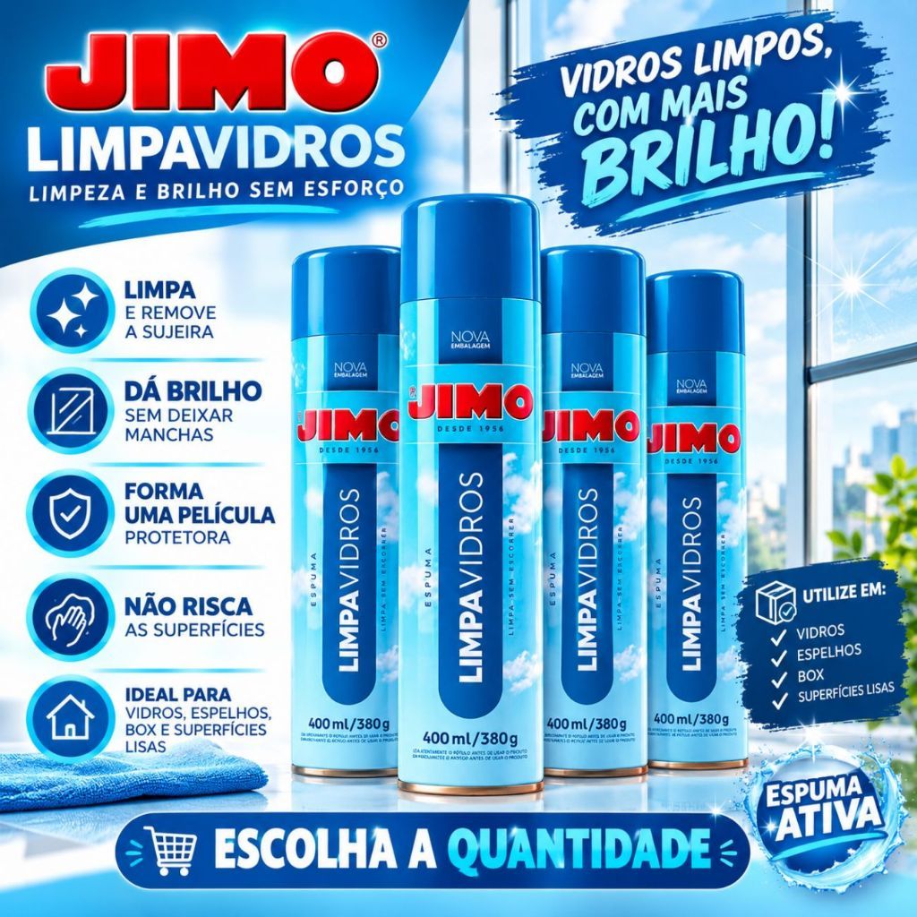 Jimo LIMPA VIDROS 1 2 3 ou 4 Unidades Limpeza Espelhos Spray 400ml Profissional