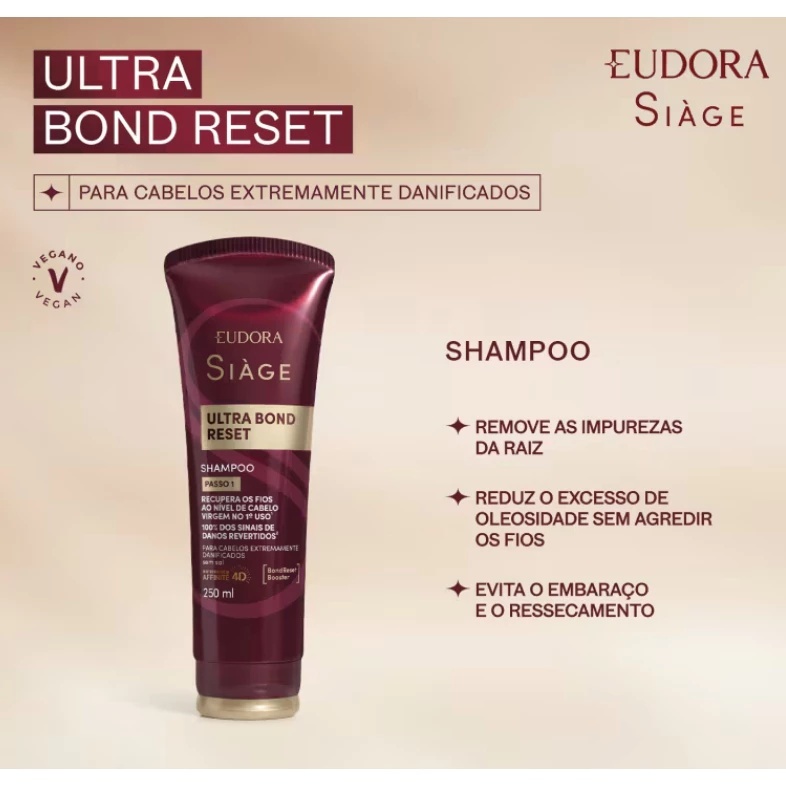 Eudora Siàge Ultra Bond Reset Kit Shampoo 250ml + Condicionador 200ml Cabelos Danificados Reconstrução Reparação — imagem 2 de 2