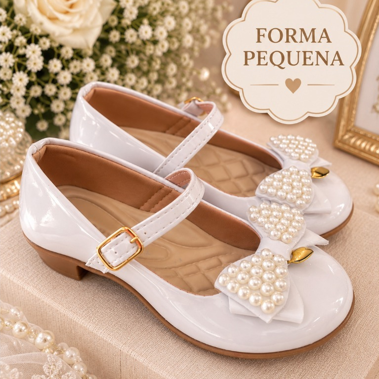 Sapatilha Infantil Menina Salto Laço Pérola Confortável Macia Casamento Daminha Batizado Elegante