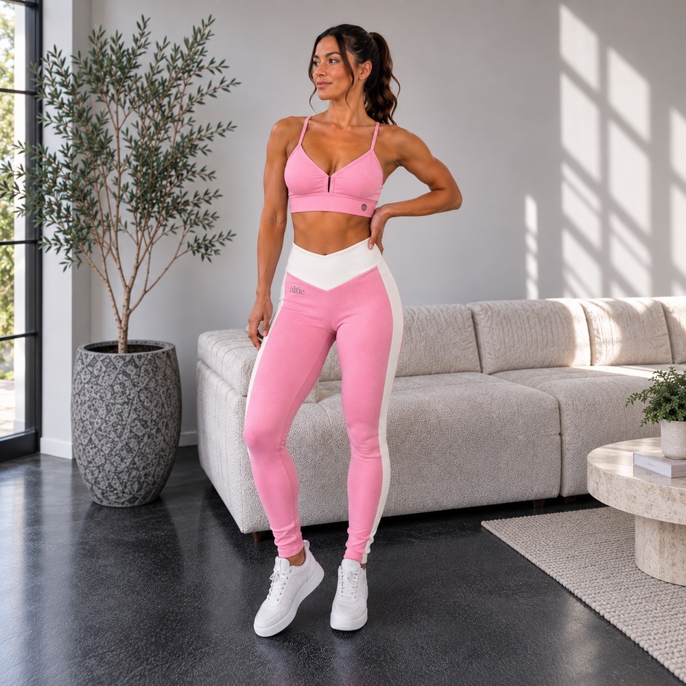 Conjunto Feminino Fitness Legging Cós Alto + Top Bicolor Zero Transparência Bolso Porta-Celular Academia Altiê F