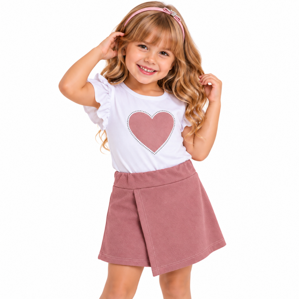 Conjunto Infantil Feminino Coração Blusa + Short Saia Menina Verão Roupa Infantil Casual 4 a 8 anos