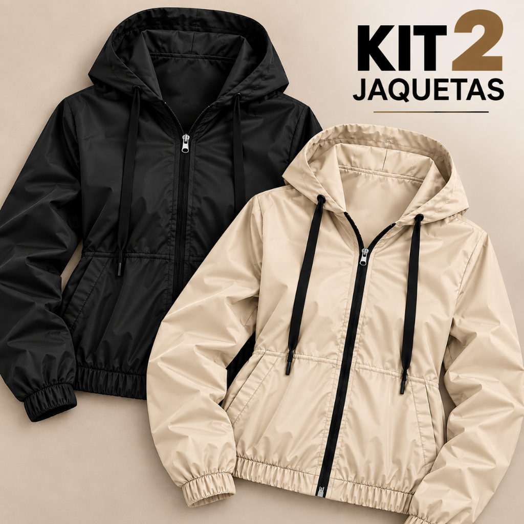 Kit 2 Jaquetas Corta Vento LIZ FEMININA com Capuz Zíper Bolsos Casual Leve Confortável