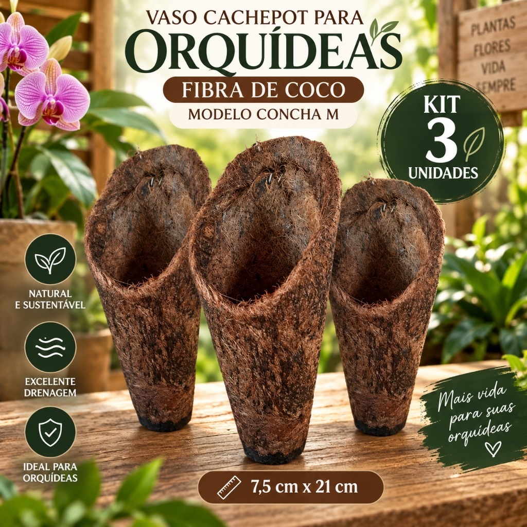 Vaso Cachepot Para Orquídeas Fibra de Coco Modelo Concha Tamanho M (Médio) 3 Unidades