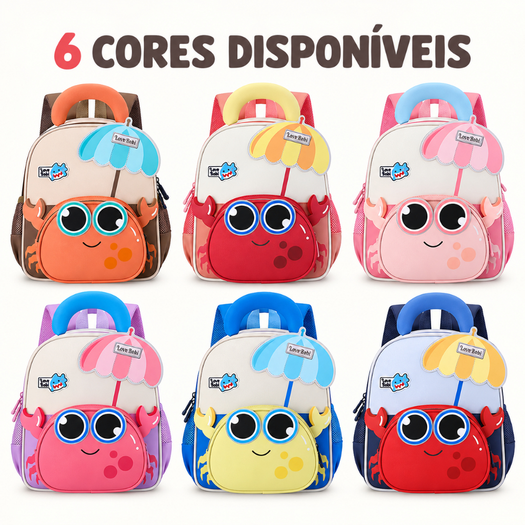 Mochila Escolar Infantil De Desenho Caranguejo Para Creche Reforçado Estudante Idade 1 ano - 6 ano