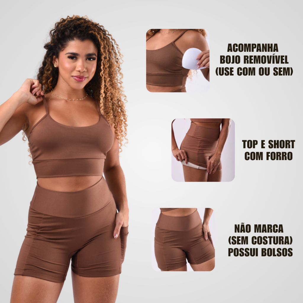 Conjunto Academia Top e Short com Bolso Cintura Alta Não Marca na Frente Possui Forro Bojo Removível
