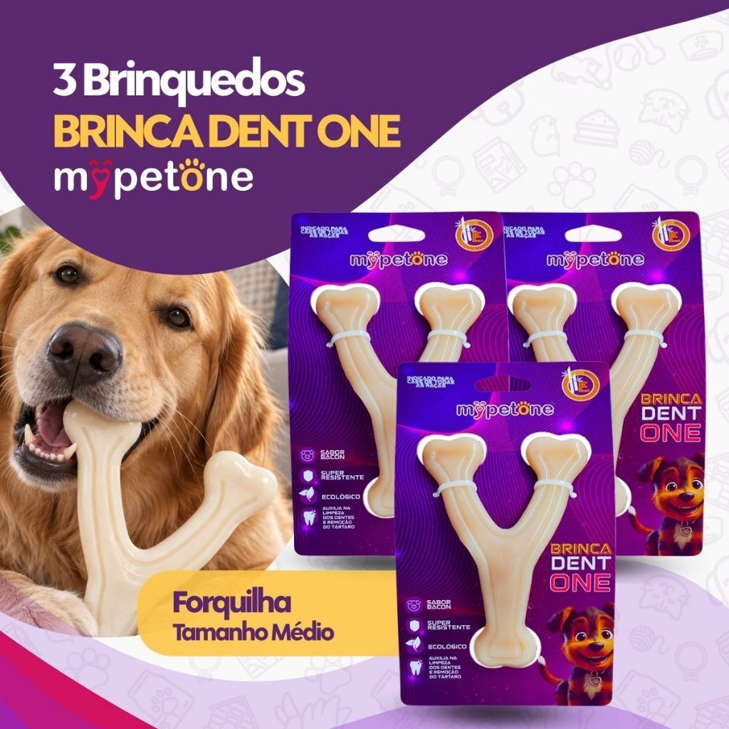 Kit 3 Brinquedo Osso Bamboo Brinca Dent One Sabor Bacon - Forquilha Médio
