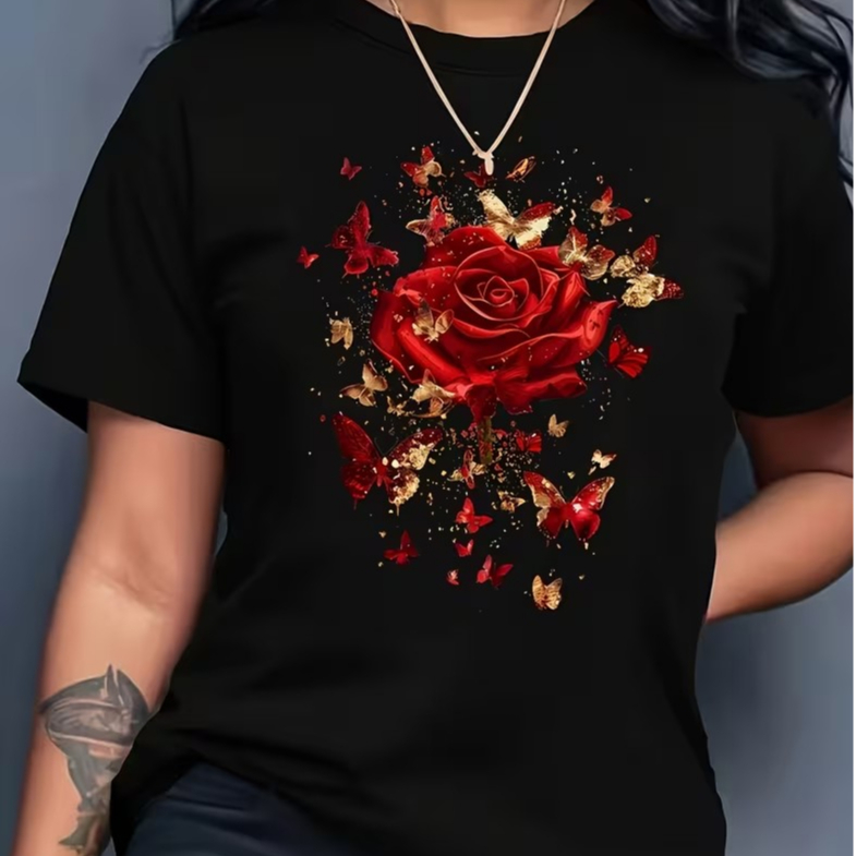 CAMISETA FEMININA MINIMALISTA 100% ALGODÃO ESTAMPA FLORAL COM ROSA VERMELHA