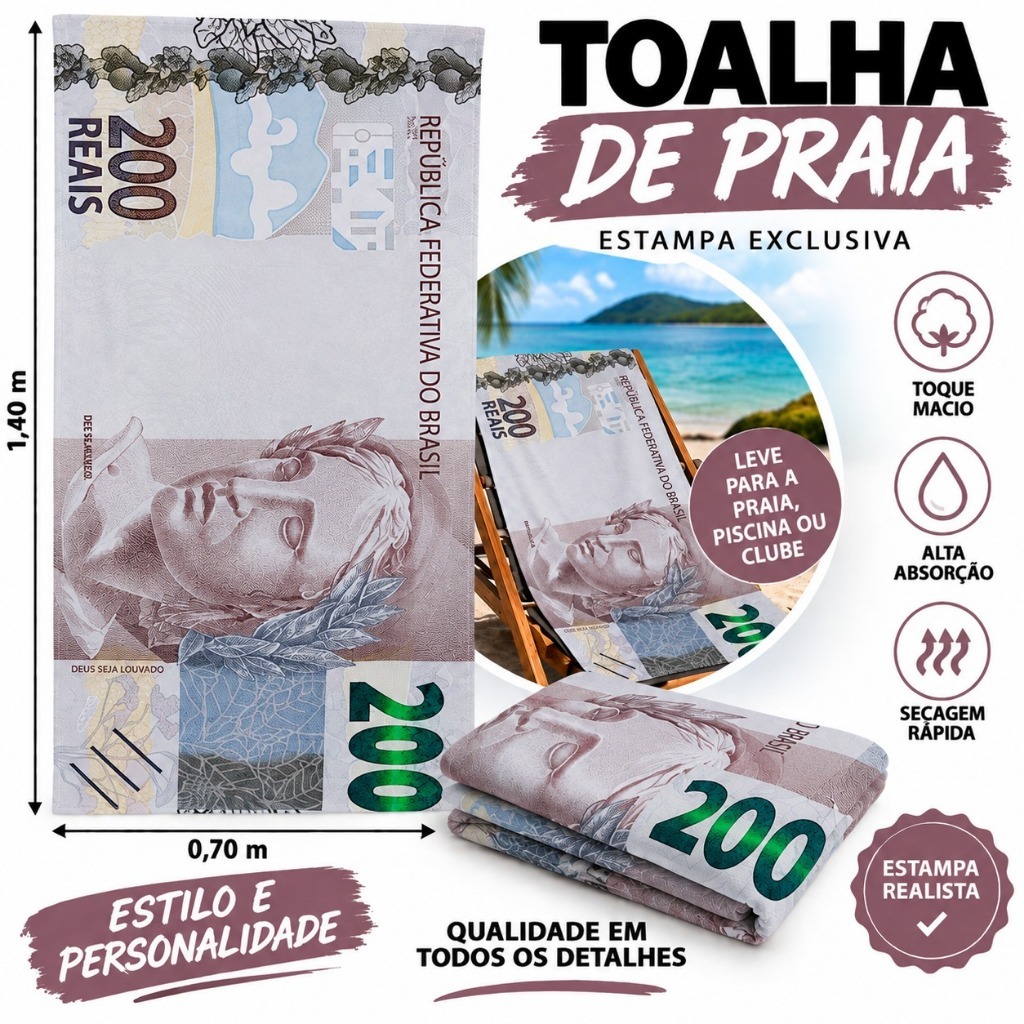 Toalha De Praia Dinheiro Divertida Piscina adulto Dollar Real Estampa Real Dolar 1,40 x 0,70