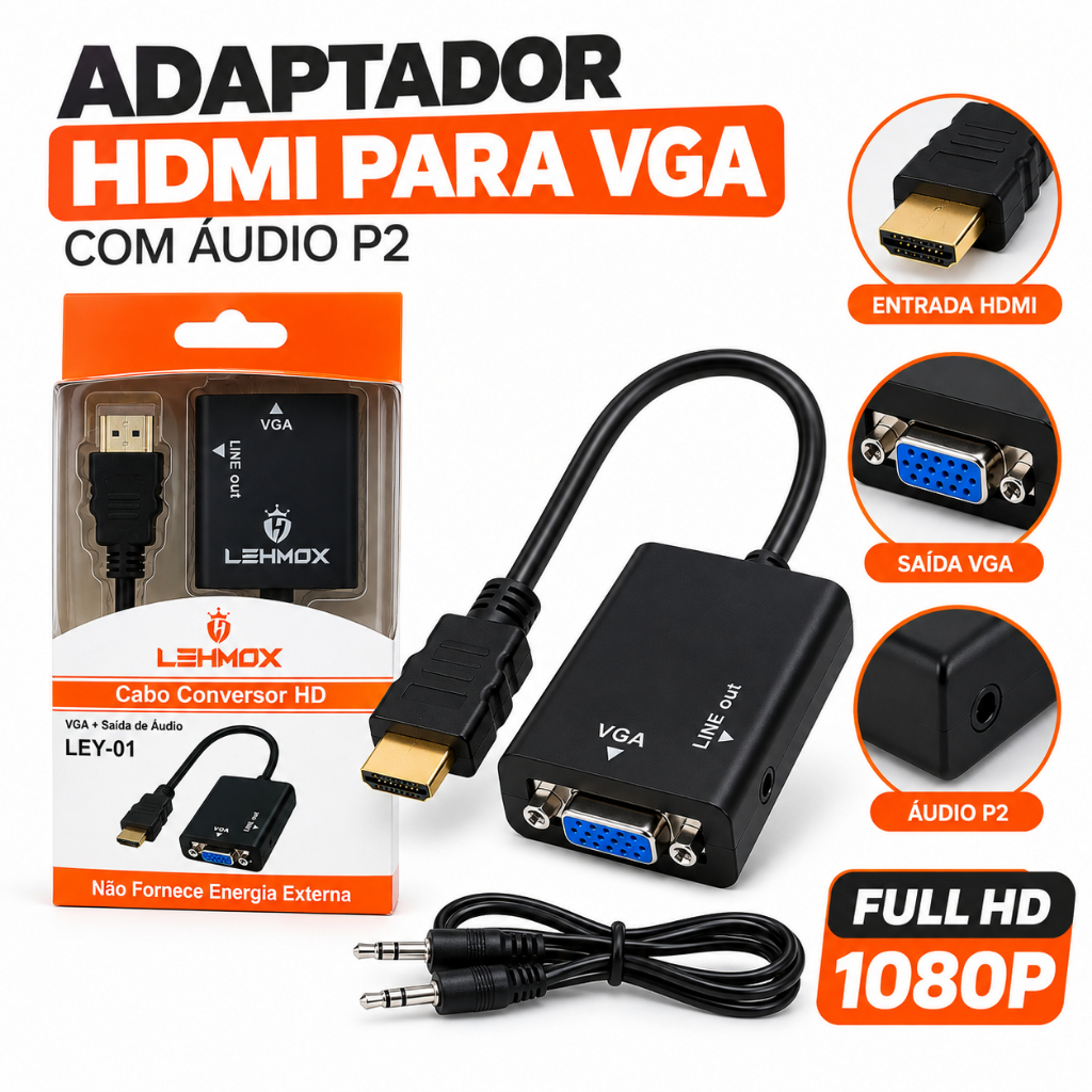 Adaptador HDMI Para VGA Premium Com Áudio P2 Full HD 1080P Original