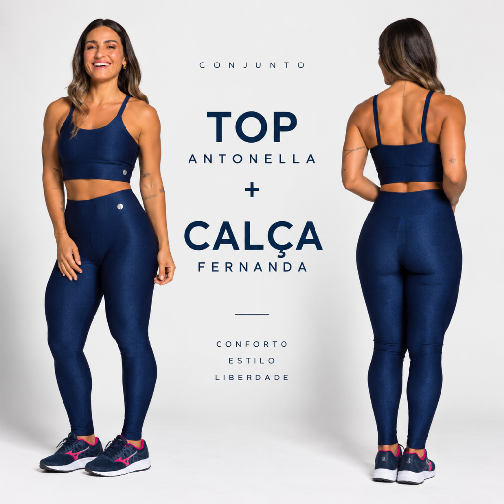 Conjunto Fitness Feminino Top Antonella e Calça Fernanda Canelado Zero Transparência Confortável Academia Treino