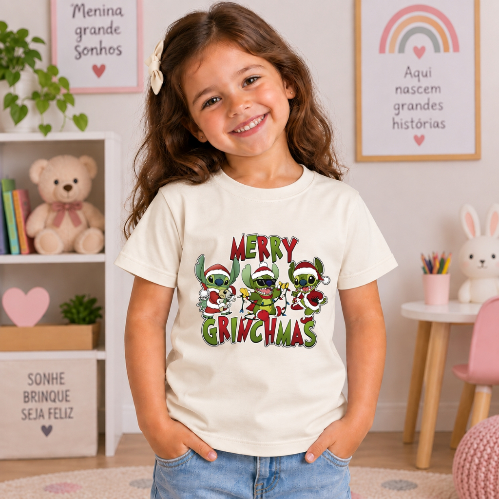 Camiseta Infantil Feminina Stitch Menina Algodão 100% Estampa DTF Moderna Confortável Casual