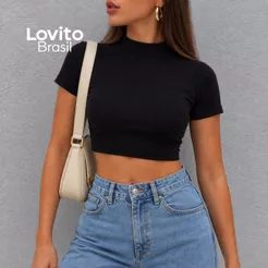 Lovito Top Camiseta Feminina Manga Curta Cropped TKB711BRL741