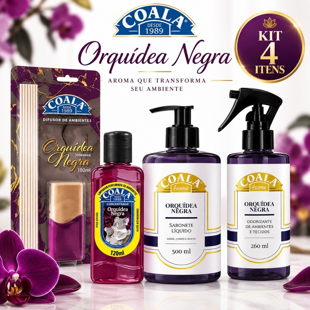 Kit Coala Orquídea Negra 4 Itens Difusor 100ml Odorizante 260ml Sabonete 500ml Limpador Perfumado 120ml