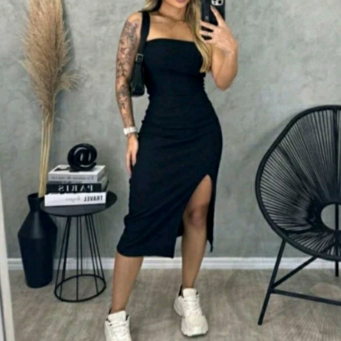 KIT 2 VESTIDO FEMININO COM FENDA MIDI