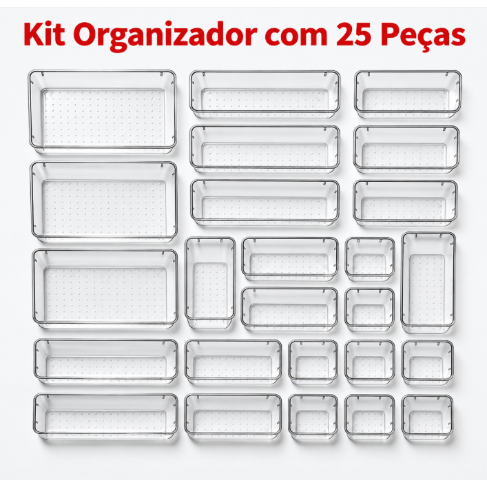 Kit 25 Organizador Modular Multiuso para Gaveta, Geladeira e Maquiagem, Plástico Transparente, Estilo Acrílico