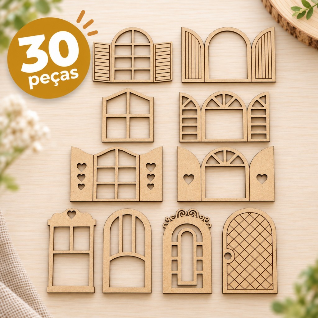 Kit de 30 apliques para artesanato - Portas e Janelas Scrapbook Caixas Decoração