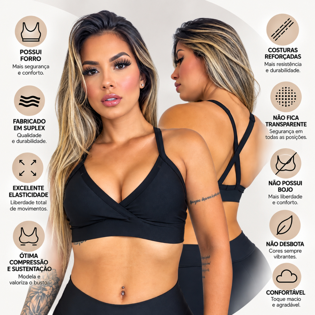 Top Academia Feminino Treino Sustentação Confortável Suplex Preto Branco Nude Amarelo Vermelho