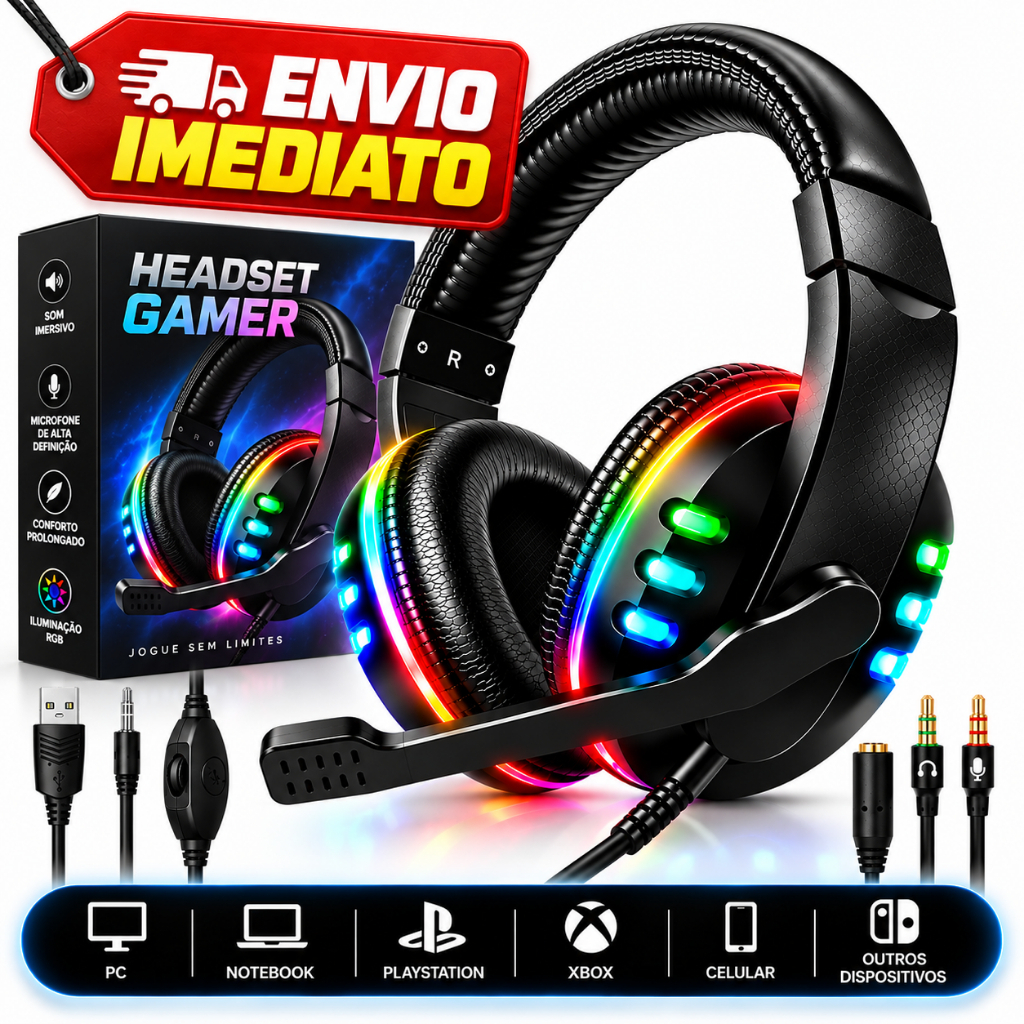 Fone De Ouvido Gamer Headset PC PS3 PS4 PS5 XBOX Com Microfone Luz RGB Entrada USB P2 Com Adaptador