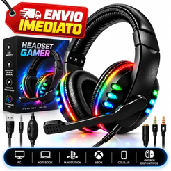 Fone De Ouvido Gamer Headset PC PS3 PS4 PS5 XBOX Com Microfone Luz RGB Entrada USB P2 Com Adaptador