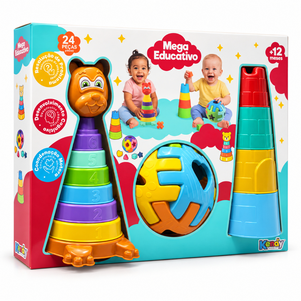 Kit Mega Educativo Pedagógico - Torre De Empilhar, Bola Geométrica e Urso Encaixável 24 Peças
