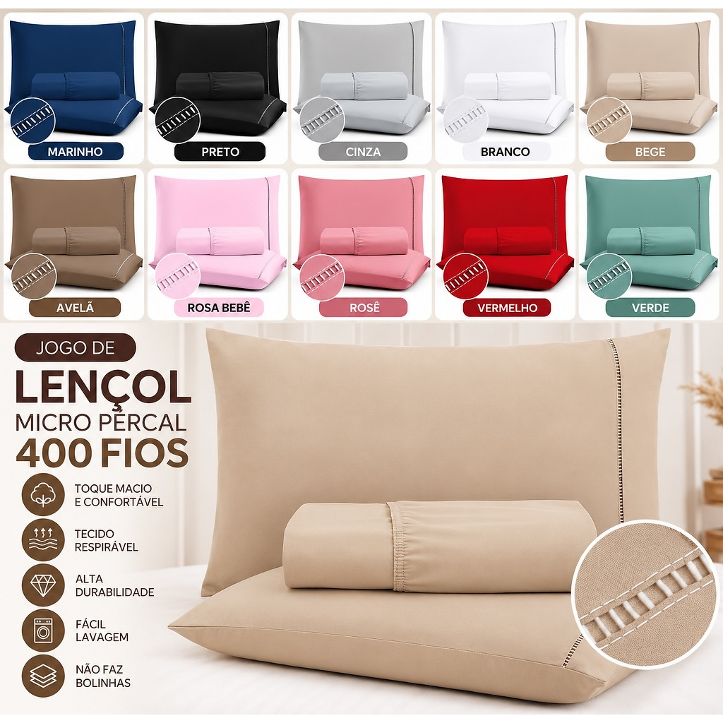 Jogo de Lençol 03 Peças 400 Fios Cama Solteiro Casal Queen King Micropercal Ponto Palito