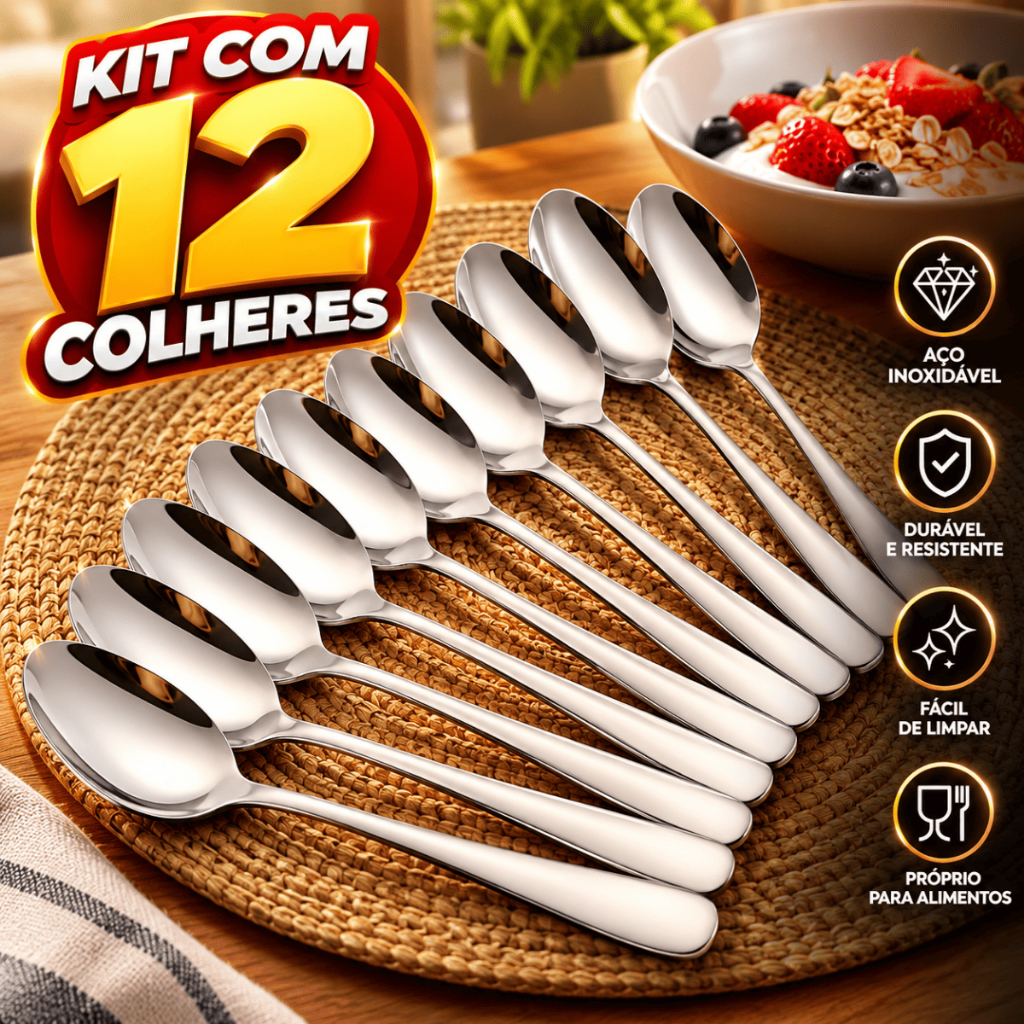 Kit 12 Colheres de Mesa Aço Inox Inoxidável Talheres Colher para Casa Cozinha