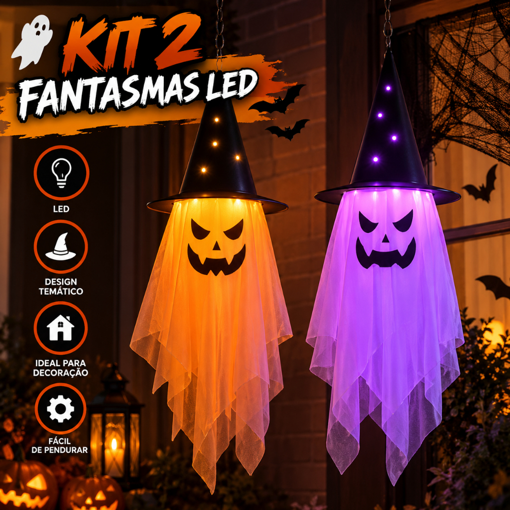 Fantasma Decoração Pendurar Dia Das Bruxas Halloween Fantasia Terror Com Led e Chapeu 105x36xm