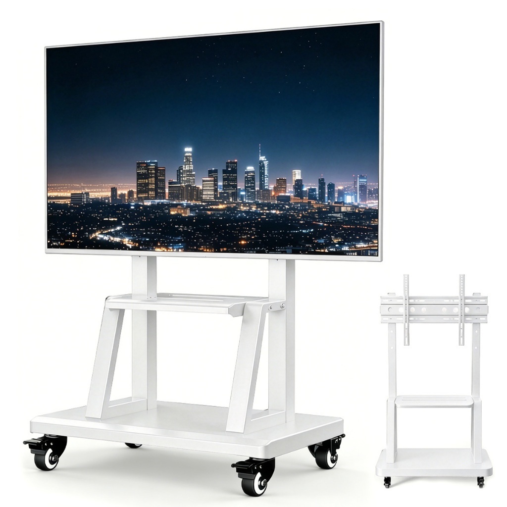 Suporte Móvel Para Tv Pedestal 32 A 65" 2 Bandejas, Preto e Branco,Silent Wheel with Brake Lock
